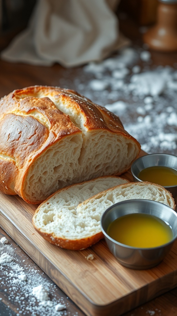 A golden brown loaf of rustic bread on a cutting board, sliced to show soft interior, with olive oil in a bowl beside it.